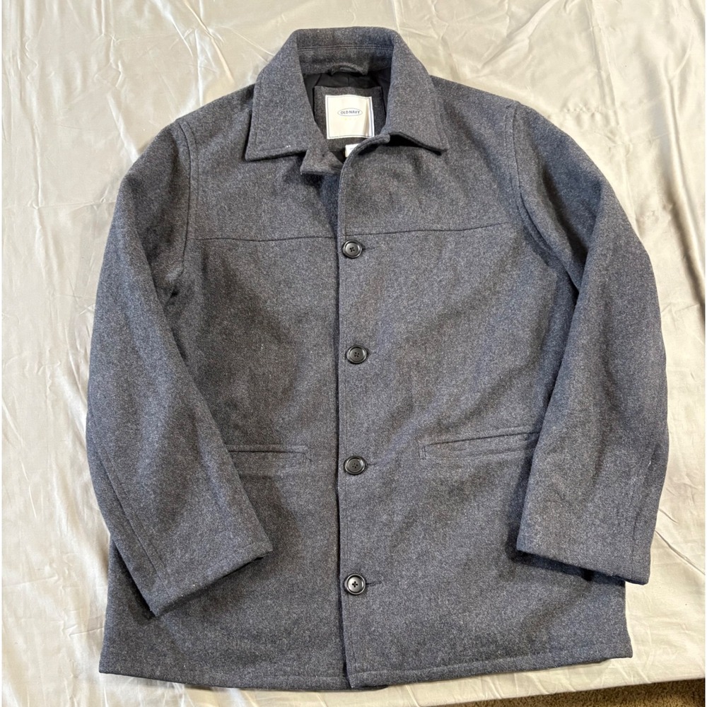 Old Navy Mens Wool Blend Car Coat Gray Button Front Quilted Lining Large‎ 420617